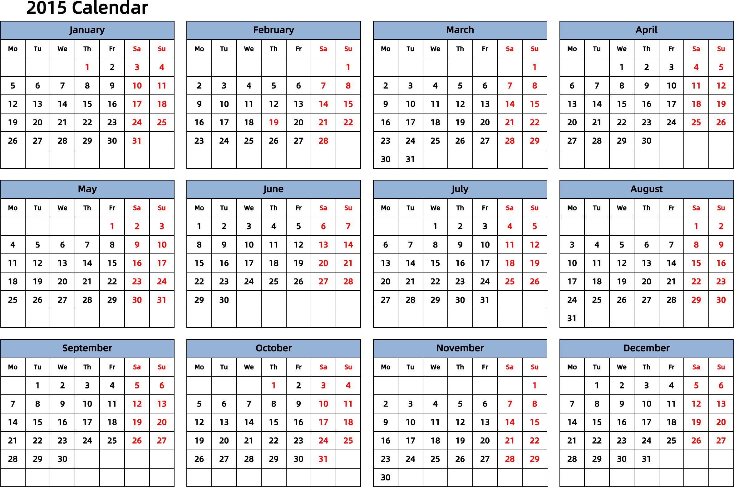 日历表2015年日历 英文版 横向排版 周一开始 带节假日调休安排